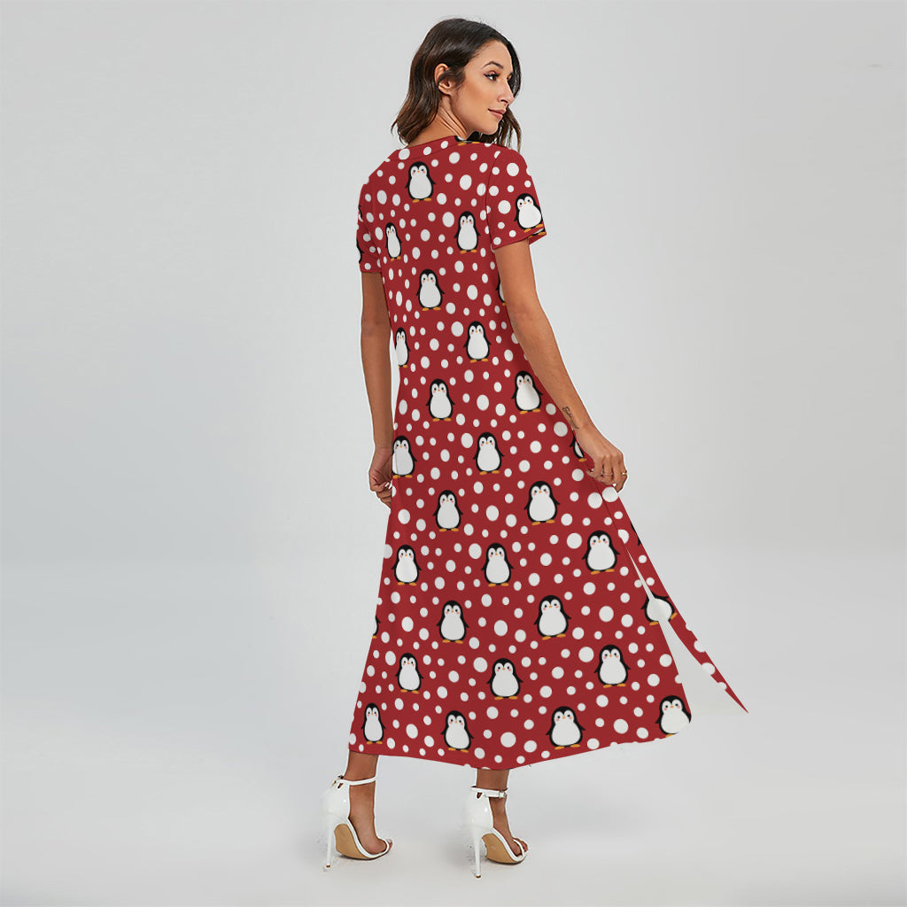 Red Snow Penguin Pattern Print Short Sleeve Maxi Dress