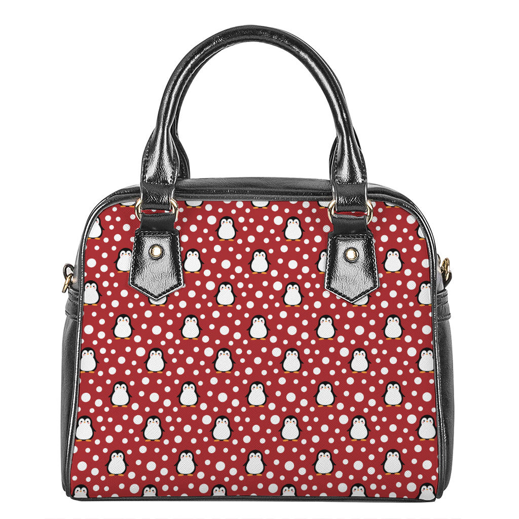 Red Snow Penguin Pattern Print Shoulder Handbag