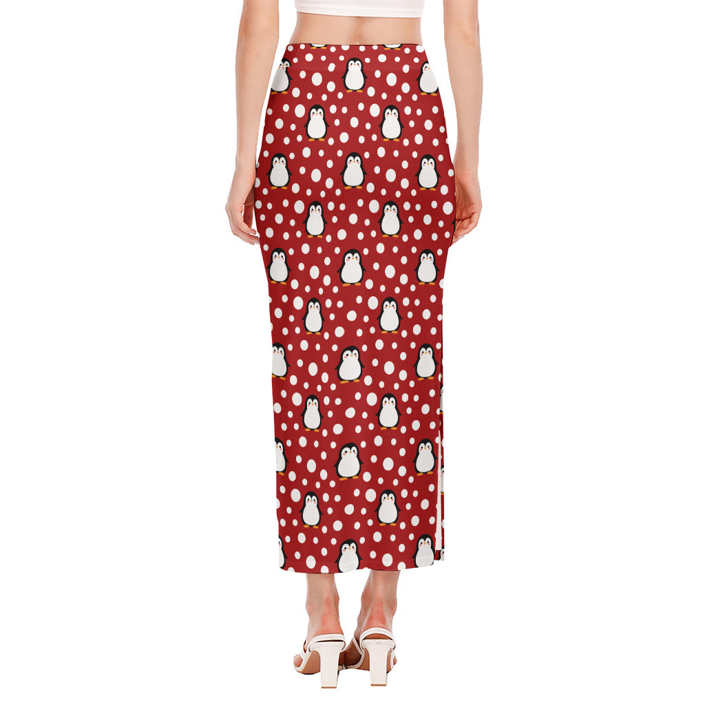 Red Snow Penguin Pattern Print Side Slit Maxi Skirt