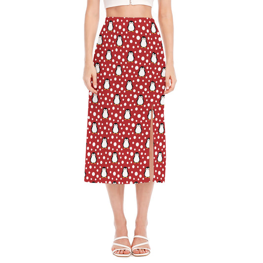 Red Snow Penguin Pattern Print Side Slit Midi Skirt