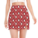 Red Snow Penguin Pattern Print Side Slit Mini Skirt