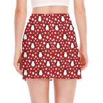 Red Snow Penguin Pattern Print Side Slit Mini Skirt