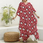 Red Snow Penguin Pattern Print Silk V-Neck Kaftan Dress