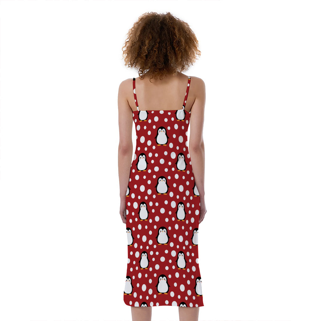 Red Snow Penguin Pattern Print Slim Fit Midi Cami Dress