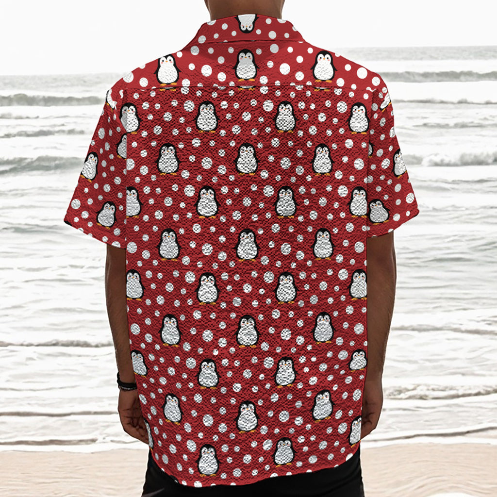 Red Snow Penguin Pattern Print Textured Short Sleeve Shirt