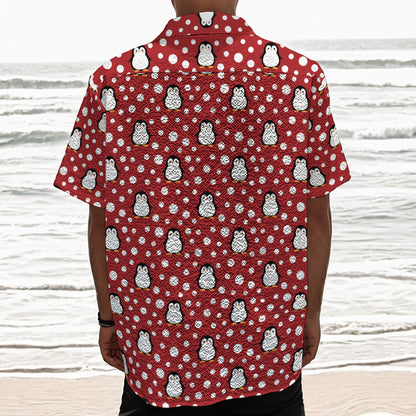 Red Snow Penguin Pattern Print Textured Short Sleeve Shirt