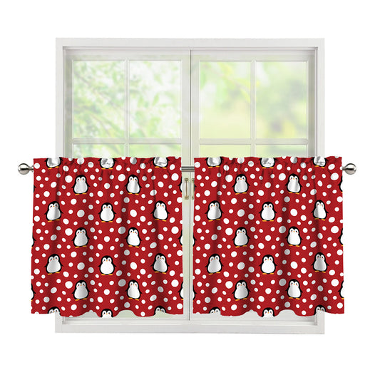 Red Snow Penguin Pattern Print Tier Curtains