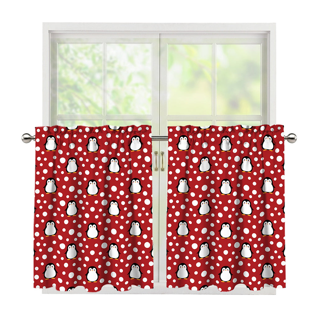Red Snow Penguin Pattern Print Tier Curtains