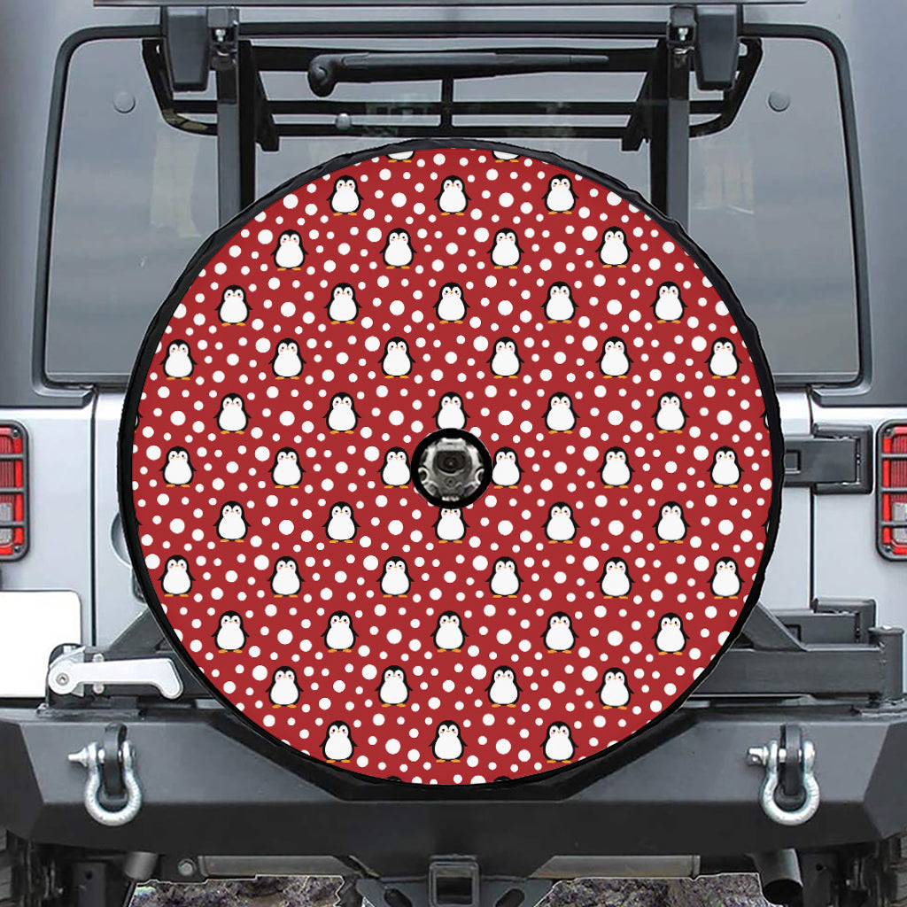 Red Snow Penguin Pattern Print Tire Cover With Camera Hole