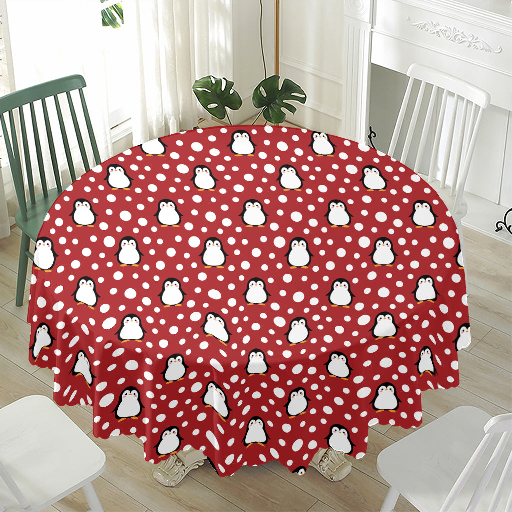 Red Snow Penguin Pattern Print Waterproof Round Tablecloth