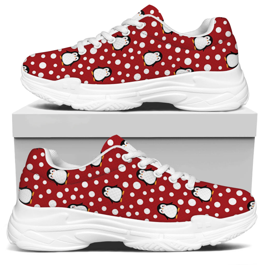 Red Snow Penguin Pattern Print White Chunky Shoes