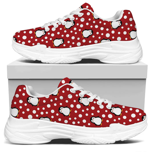 Red Snow Penguin Pattern Print White Chunky Shoes