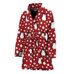 Red Snow Penguin Pattern Print Women's Bathrobe