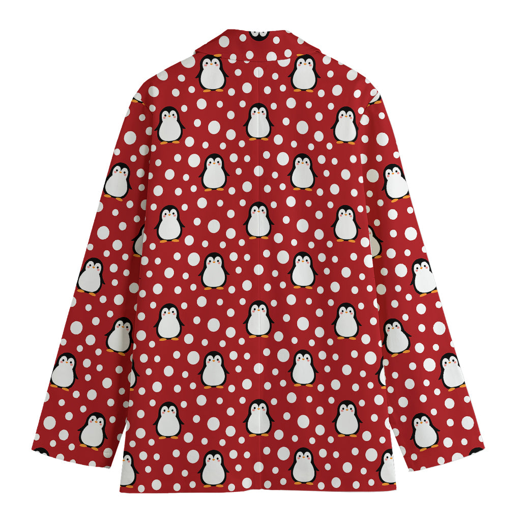 Red Snow Penguin Pattern Print Women's Blazer