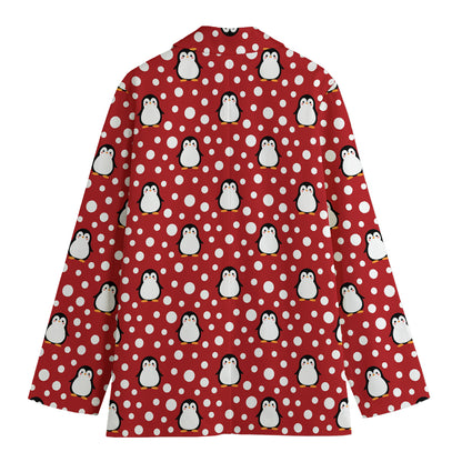 Red Snow Penguin Pattern Print Women's Blazer