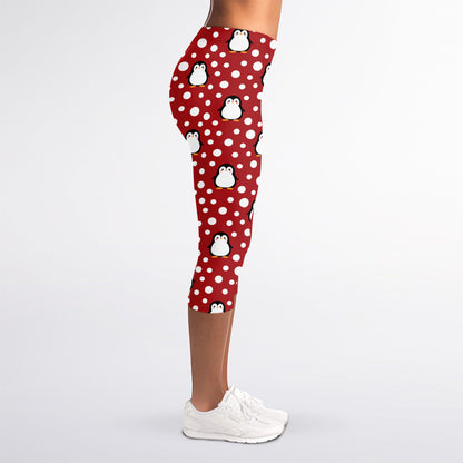 Red Snow Penguin Pattern Print Women's Capri Leggings