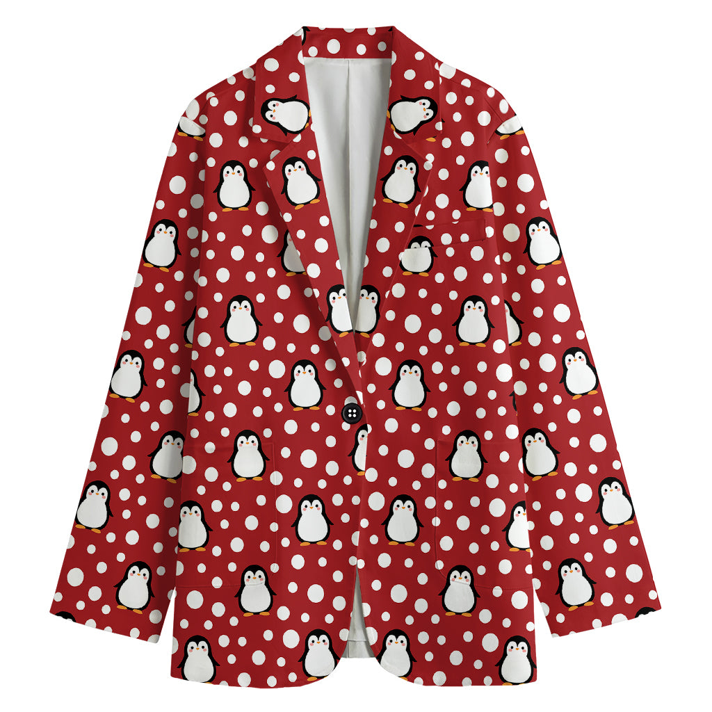 Red Snow Penguin Pattern Print Women's Cotton Blazer