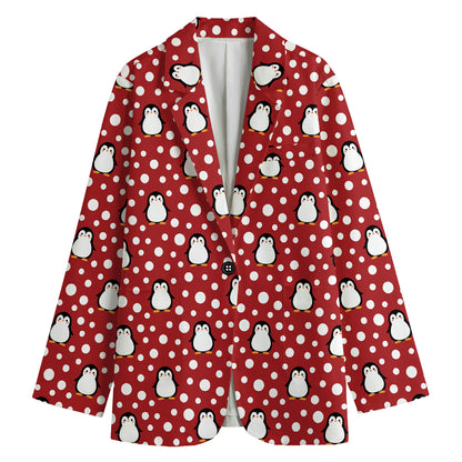 Red Snow Penguin Pattern Print Women's Cotton Blazer