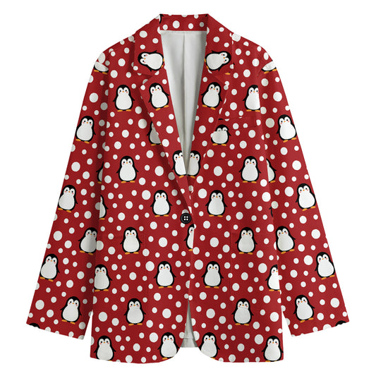 Red Snow Penguin Pattern Print Women's Cotton Blazer