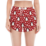 Red Snow Penguin Pattern Print Women's Split Running Shorts