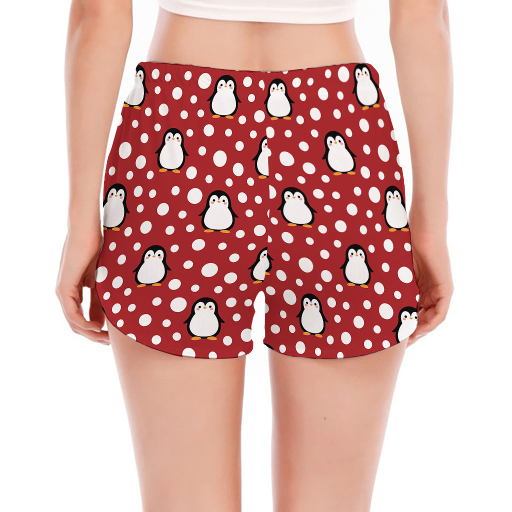 Red Snow Penguin Pattern Print Women's Split Running Shorts