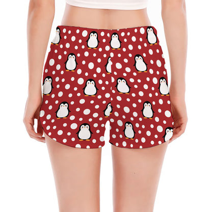 Red Snow Penguin Pattern Print Women's Split Running Shorts