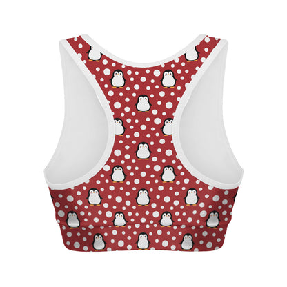 Red Snow Penguin Pattern Print Women's Sports Bra