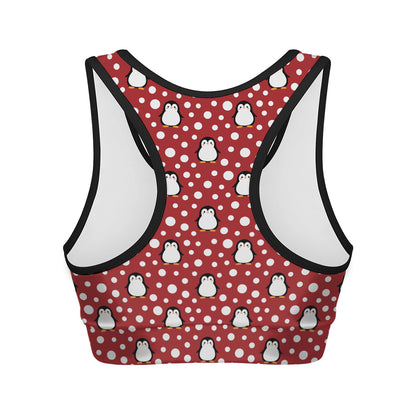 Red Snow Penguin Pattern Print Women's Sports Bra
