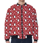 Red Snow Penguin Pattern Print Zip Sleeve Bomber Jacket