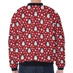 Red Snow Penguin Pattern Print Zip Sleeve Bomber Jacket