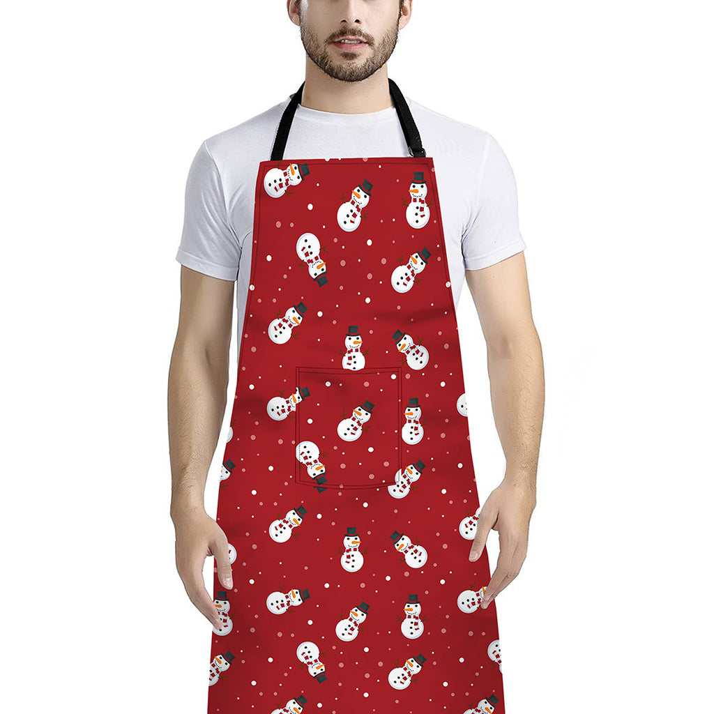 Red Snowman Pattern Print Bib Apron With Pocket