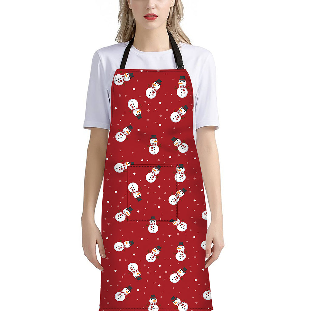 Red Snowman Pattern Print Bib Apron With Pocket
