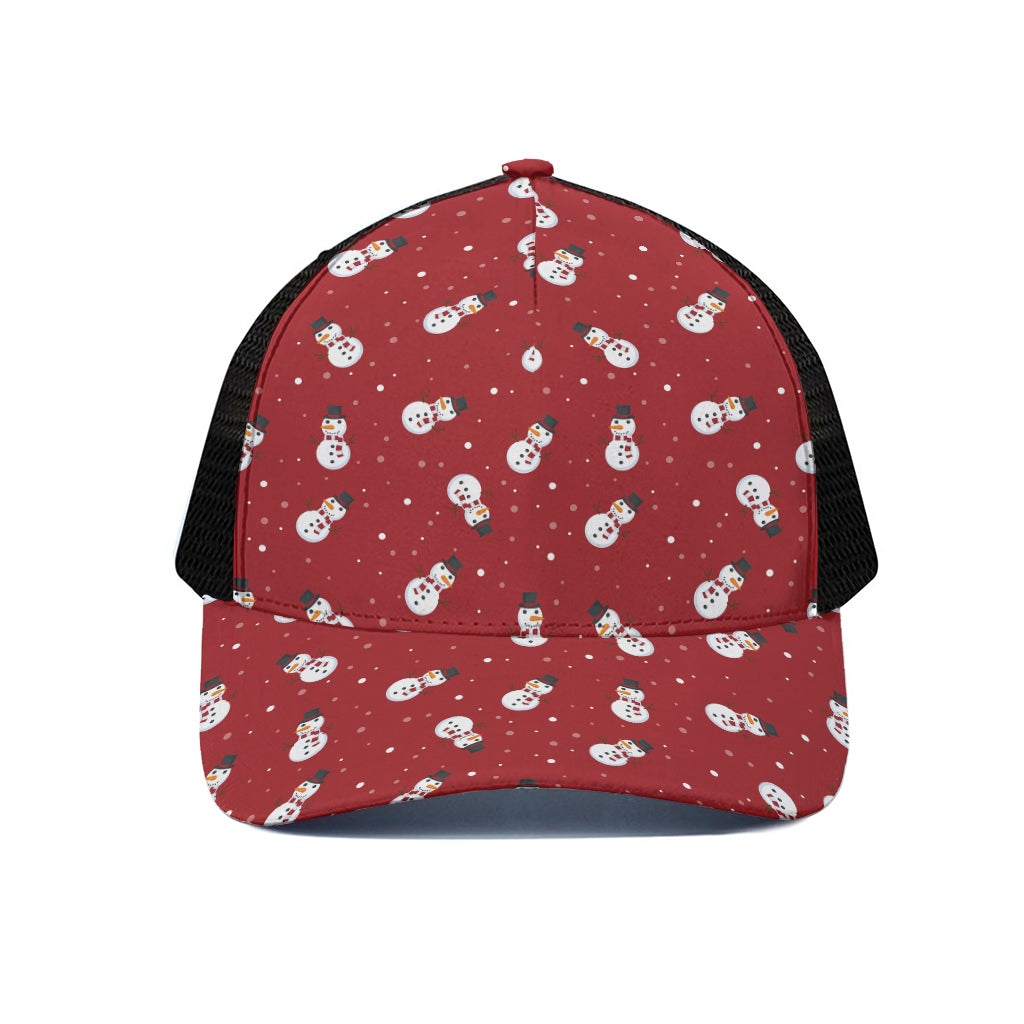 Red Snowman Pattern Print Black Mesh Trucker Cap