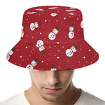 Red Snowman Pattern Print Bucket Hat
