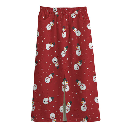 Red Snowman Pattern Print Cotton Front Slit Maxi Skirt