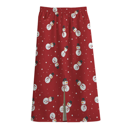 Red Snowman Pattern Print Cotton Front Slit Maxi Skirt