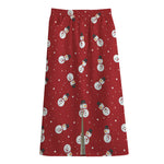 Red Snowman Pattern Print Cotton Front Slit Maxi Skirt