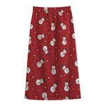 Red Snowman Pattern Print Cotton Front Slit Maxi Skirt