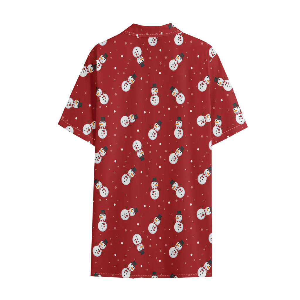 Red Snowman Pattern Print Cotton Hawaiian Shirt