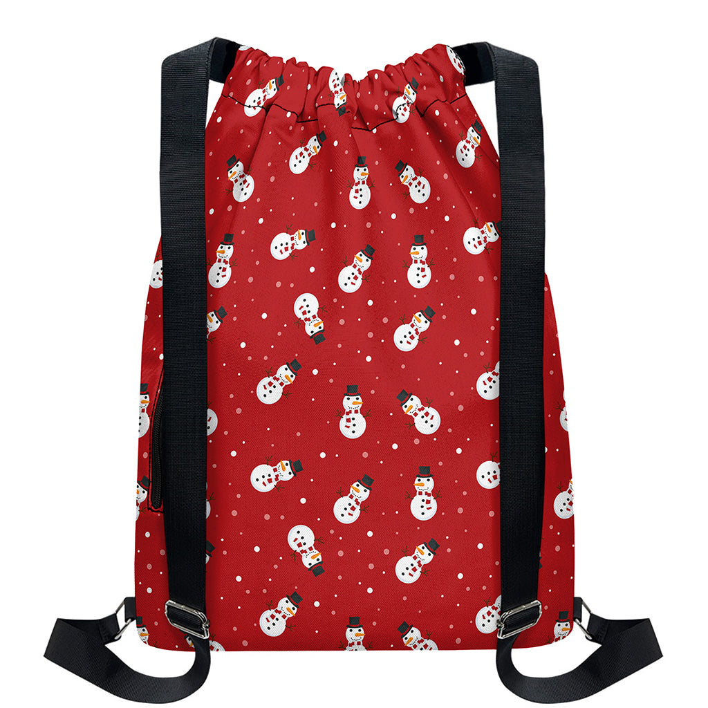 Red Snowman Pattern Print Drawstring Backpack