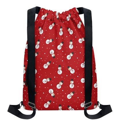 Red Snowman Pattern Print Drawstring Backpack
