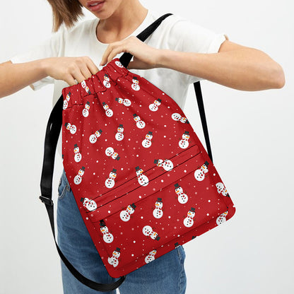 Red Snowman Pattern Print Drawstring Backpack