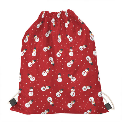 Red Snowman Pattern Print Drawstring Bag