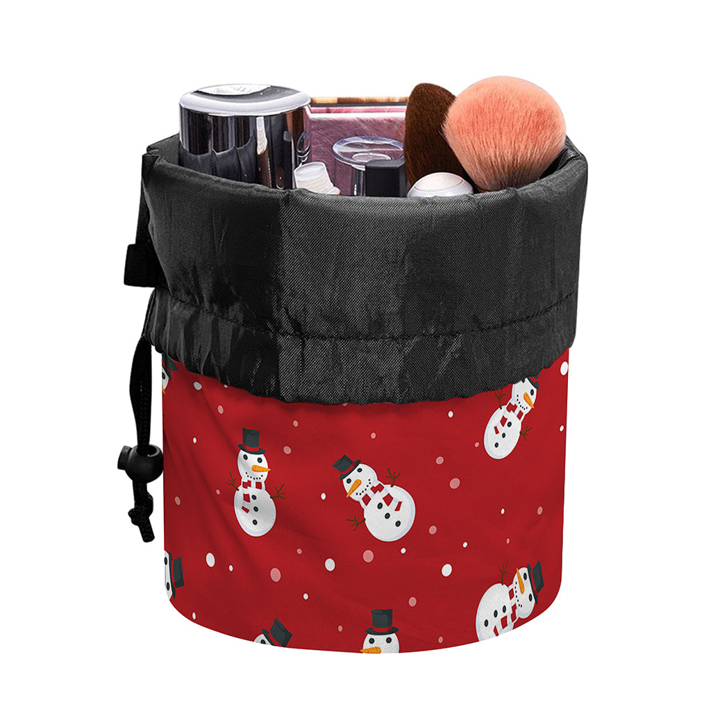 Red Snowman Pattern Print Drawstring Makeup Bag