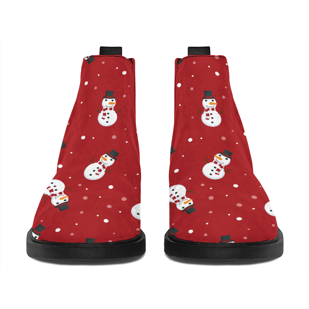 Red Snowman Pattern Print Flat Ankle Boots