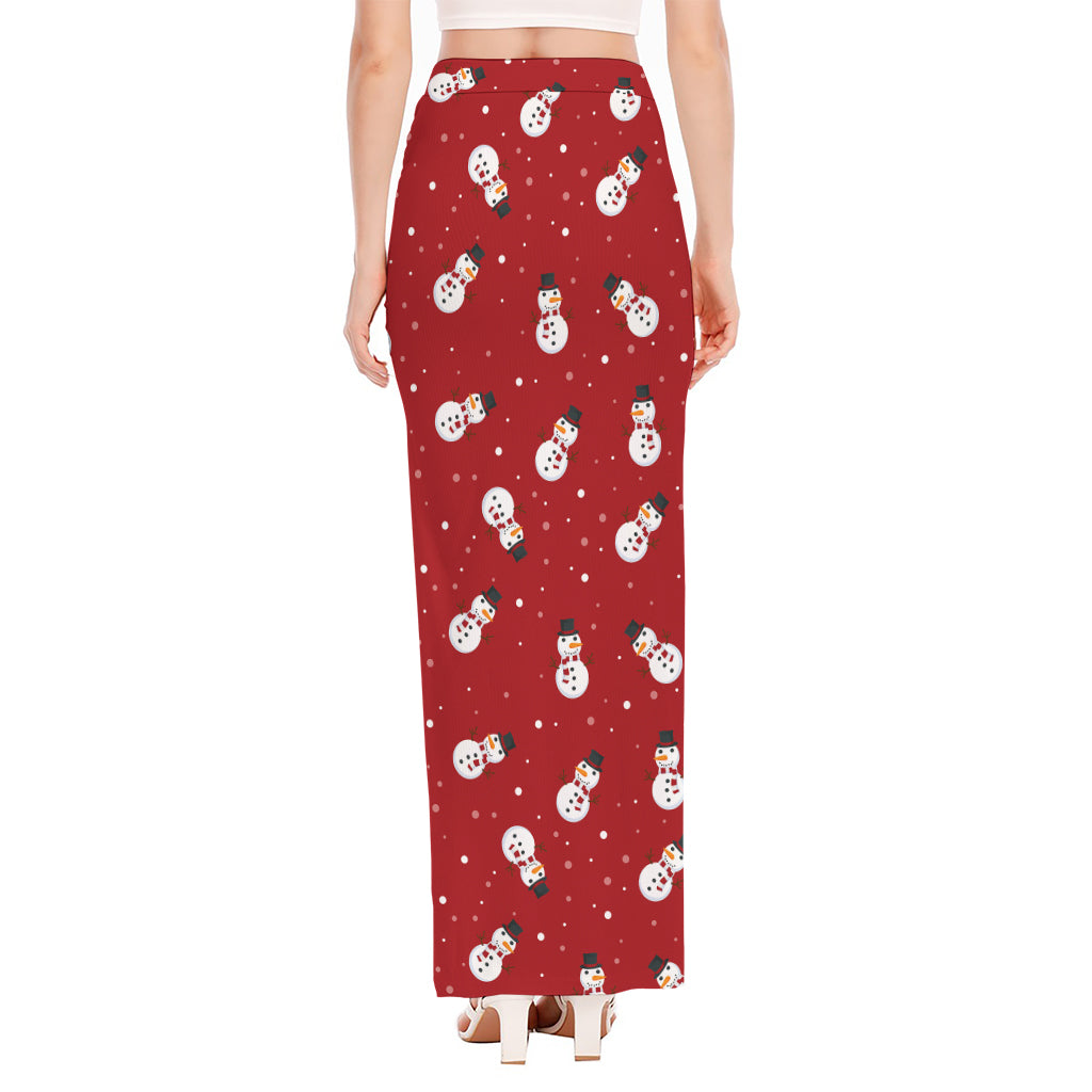Red Snowman Pattern Print High Slit Maxi Skirt