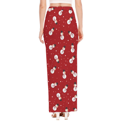 Red Snowman Pattern Print High Slit Maxi Skirt