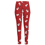 Red Snowman Pattern Print High-Waisted Pocket Leggings