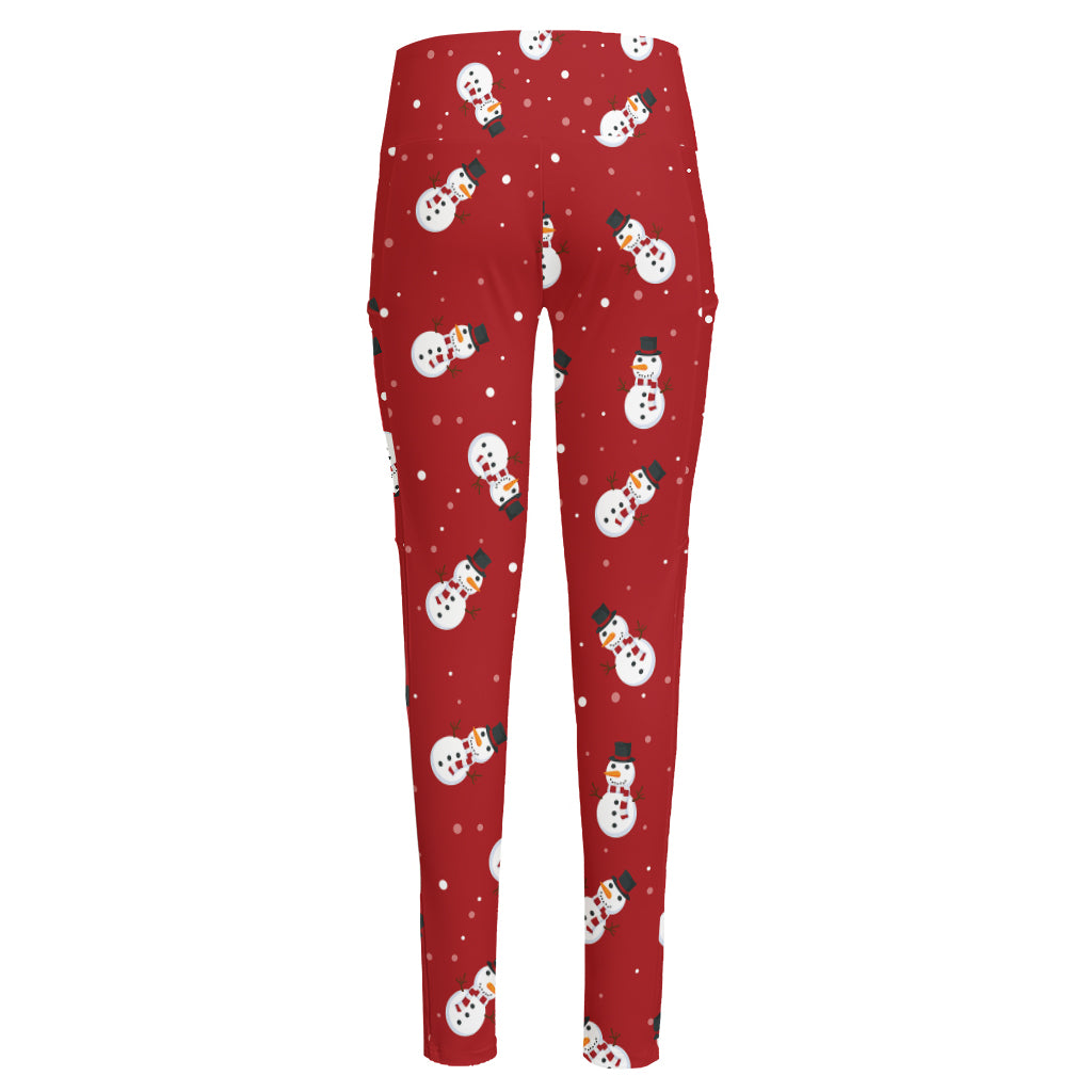 Red Snowman Pattern Print High-Waisted Pocket Leggings