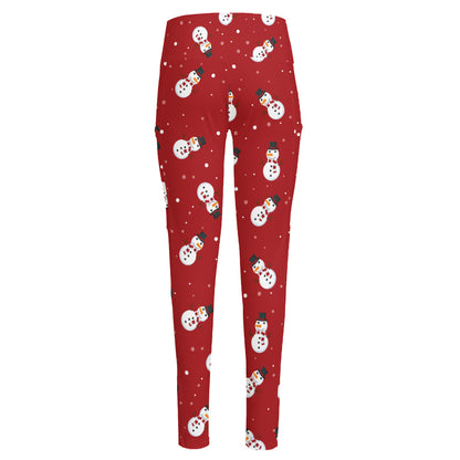 Red Snowman Pattern Print High-Waisted Pocket Leggings